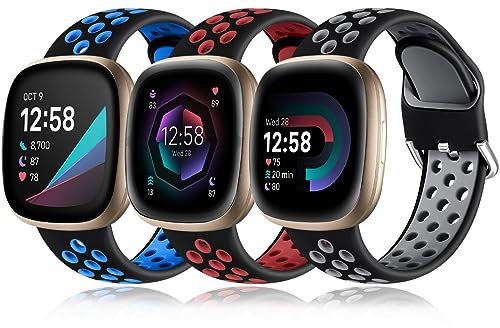 Getino Kompatibel mit Fitbit Sense/Sense 2 Bändern/Versa 3/Versa 4 Bändern, Damen und Herren, wasserdicht, weich, Sportarmband für Fitbit Sense 2/Sense/Versa 3/Versa 4, klein 3er-Pack-7