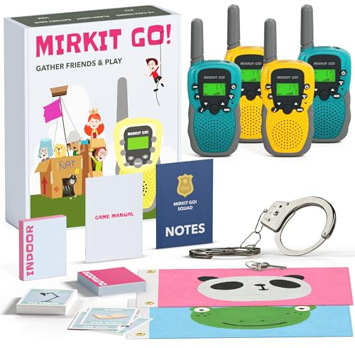 MIRKIT GO! Spiel: 4X Walkie Talkie Kids & 4 Spiele: Schnitzeljagd, Fahneneroberung, Polizei, Versteckspiel! Kinder Outdoor Spielzeug + gratis Kinderhandschellen