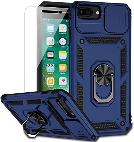 M MAIKEZI Coque pour iPhone 8 Plus/iPhone 7 Plus/iPhone 6 Plus avec protection d'objectif d'appareil photo, protection d'écran HD, 4,6 m de qualité militaire avec anneau magnétique et béquille