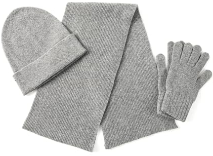 Unisex 3-teiliges Set aus Kaschmirwolle, Schal, Mütze, Handschuhe, weiche gerippte Manschetten, Beaniehandschuhe, Schals Set für Damen und Herren mit Geschenk-Box, Grau, Einheitsgröße