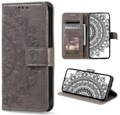 CASEONJAN Handyhülle für Huawei P Smart 2019 Hülle, PU Leder Klapphülle mit [Kartenfach] [Magnetverschluss], Flip Case Handytasche Prägung Schutzhülle für Huawei P Smart 2019 (Grau)