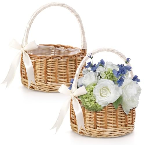 Lyellfe 2 Pack Rustic Elegant Wicker Rattan Basket with Handle Silk Ribbon, Decorative Eggs Candy Basket for Gifts, Wedding, Camping, Home Decor