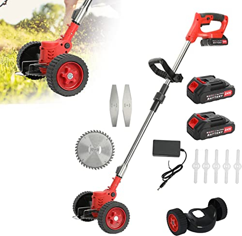 Akku Rasentrimmer mit und Ladegerät, 24V 6000mAh Kabelloser Kantenschneider Teleskopstange, 90° Drehbarer Messerkopf für Garden, Rasen, Dornbusch Trimmen… (24V)