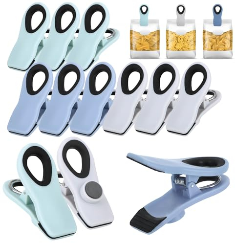 COM-FOUR® 12x clip di chiusura per sacchetti - clip per sacchetti per chiudere e mantenere freschi - clip per sacchetti in plastica - clip di chiusura con magnete (12 pezzi - grigio + blu + menta)