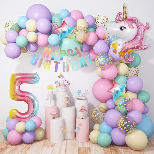 120 Stück Einhorn Luftballons, Luftballons Einhorn Pastell mit Einhorn-Motiv und Zahlen Sowie Happy Birthday-Banner, Einhorn Ballon für Mädchen-Geburtstagsdekoration