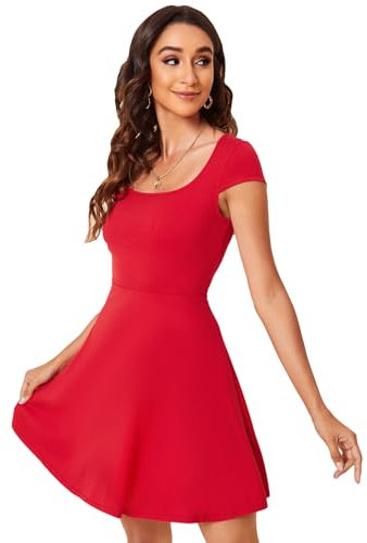 GORGLITTER Women's Scoop Neck Mini Dress with Short Cap Sleeve, High Waist, Ruffle Hem, A Line Swing Style - Summer Casual, Party, Travel, Red, M