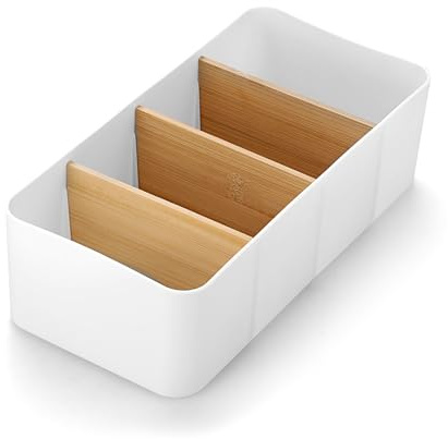 OGANAZI Plastic Seasoning Packet Organiser with 4 Compartments, White | Seasoning Storage Bins Spice Packet Holder with Removable Bamboo Dividers for Kitchen, Cabinet, Countertop, 26.6*12.8*7.9cm