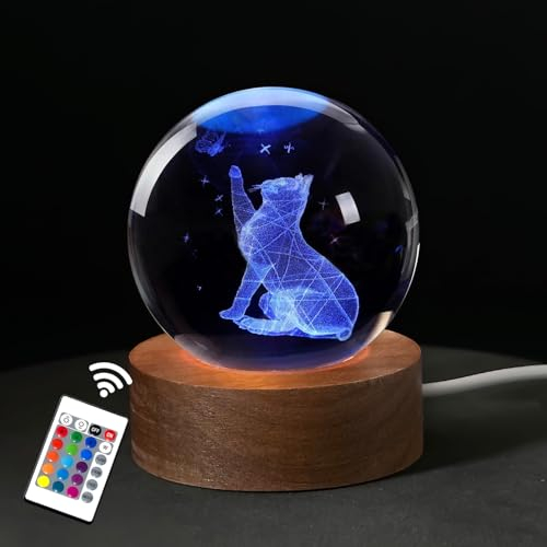 3D-Kristallkugel Katzenfiguren – Einzigartige Katzenliebhaber-Geschenke für Frauen – dekorative Kätzchen-Sammelstücke – Kitty Schneekugel mit Holz-LED-Basis – Glaskugel Durchmesser 60 mm