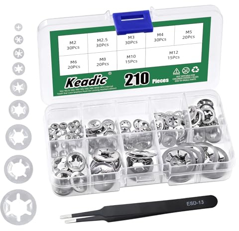 Keadic 211Pcs M2 M2.5 M3 M4 M5 M6 M8 M10 M12 Internal Tooth Star lock Washers Assortment Kit, 304 Stainless Steel External Star Lock Washer, Retaining Clips Fasteners Push Nuts for Shafts