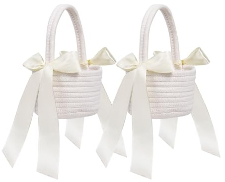 2 Stück Baumwolle Blumenmädchen Korb mit Henkel, weiße Hochzeit Blumenkorb Hochzeit für Blumenmädchen