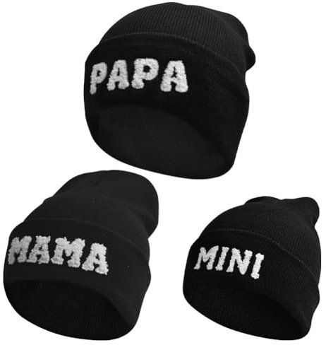 ZUYYON 3 Stück Eltern-Kind-Mütze, Motiv: Mama Papa, Mini-Stickerei, Strickmütze, Winter, warme Bündchen, passende Familienmütze, Schwarz, Einheitsgr��e