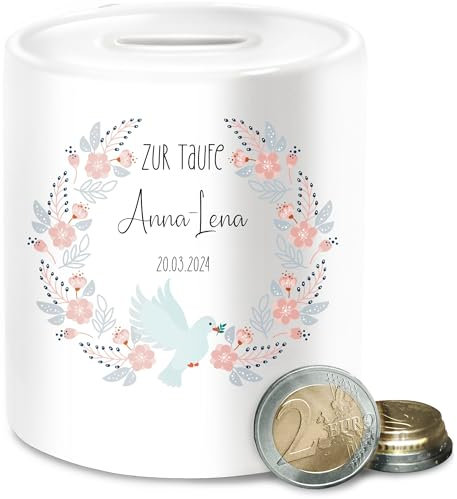 Spardose - Zur Taufe mit Name und Taube | Taufgeschenke für Patenkind | Taufe Geschenk | Gastgeschenk Taufe | Taufgeschenke von Großeltern - Unisize - Weiß - mädchen Geschenke firmung