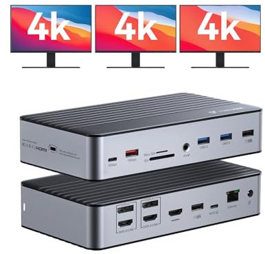 TobenONE DisplayLink Docking Station 3 Monitors with 3 HDMI(4K@60Hz), USB C Docking Station with 120W Charger, for MacBook Pro/Air, Thunderbolt 4/3, USB-C Windows(2 DP, 6 USB, Ethernet, SD/Micro SD)
