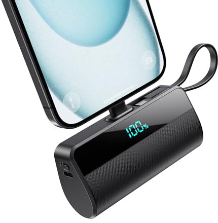 Mini Portable Charger for iPhone, 5500mAh Power Bank with Built in USB C Charging Port, 20W PD Fast Charging Battery Pack with 2 Output Compatible with iPhone 16/15/14/13/12/11/X Samsung-Black