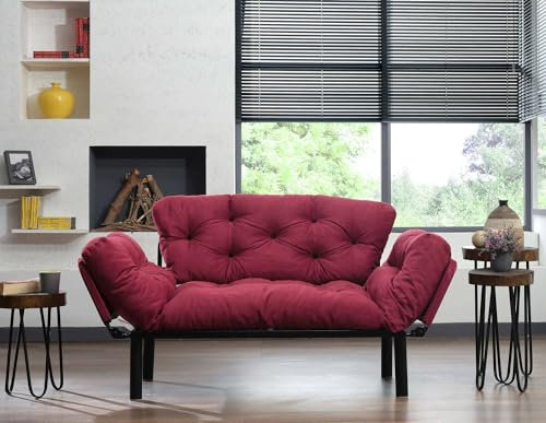 Dmora - 2-Sitzer SchlafsofaZeeusis, Verwandelbares Sofa, Lineare Stoffstruktur, Schlafsessel mit Stauraum, 155x70 h85 cm, Rot