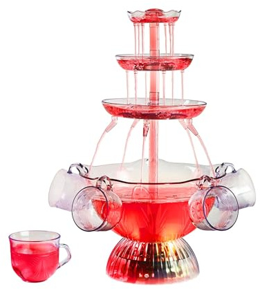 Vintage Rotwein-Partybrunnen – 3-stöckiger Kunststoffbrunnen mit LED-beleuchtetem Sockel und 5 Bechern – Tisch-Nostalgie-Brunnen für Party, Hochzeit, Bar – wiederverwendbare Becher enthalten