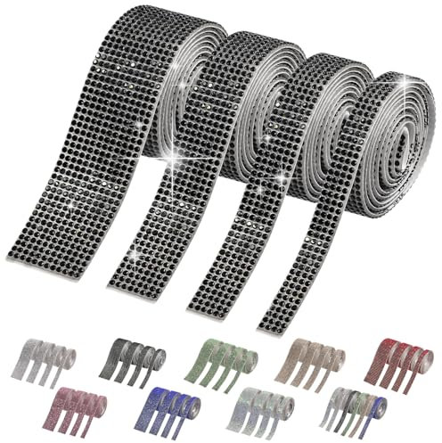 Keadic Lot de 4 rubans autocollants en strass 4 largeurs différentes 8,9 cm de long pour loisirs créatifs, mariage, fête d'anniversaire (noir)