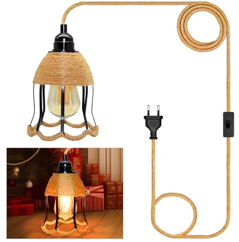 Hängelampe Kit mit Stecker, 510CM Hanfseil Lampe mit E27 Lampenfassung und Blumen Form Metall Lampenschirm, Lampenkabel mit Schalter, Pendelleuchte mit Stecker, Landliche Stil, Keine Glühbirne
