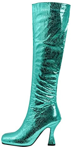 Stivali sopra il ginocchio, da donna, con gambo largo, tacco a spillo, stivali alti con tacco alto, stivali alti con brillantini, in pelle PU, scarpe da sera, verde, 38 EU