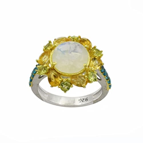925 Sterling Silber Mondstein Citrin Peridot Apa Cocktail Art Deco Ring, R 1/2, Edelstein, Mondstein, Citrin, Peridot, Apa