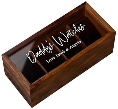 Personalised Wood and Glass Watch Box with 4 Cushioned Slots, Brown, Gold Detailing