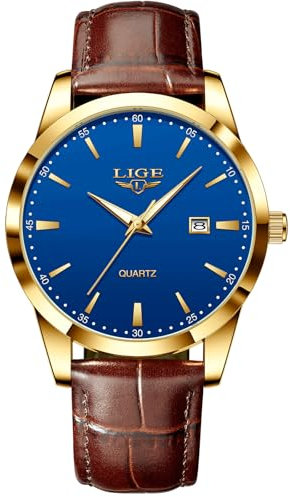 LIGE Herren Uhren Wasserdicht Quarz Armbanduhren Für Herren Männer Uhr Mit Datum gelb-braun Lederarmband Retro Business Men's Watches,Goldblau