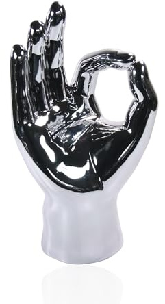 Trends for living Deko Hand Silber – Keramik Handfigur 20 cm – Daumen Hoch, Peace oder OK – Glänzende Dekofigur modern (OK)