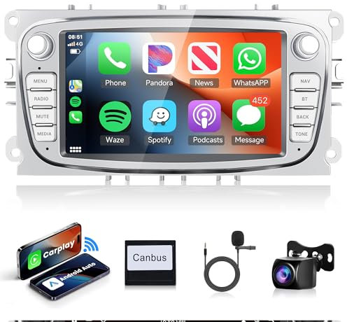2G+64G Android Autoradio für Ford Focus II mk2 Mondeo S-Max C-Max Galaxy Kuga7 Zoll Autoradio mit Wireless Carplay Android Auto Navi GPS WiFi Mirror Link Bluetooth FM/RDS/DAB/EQ/SWC Rückfahrkamera