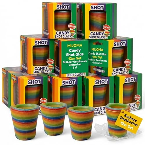 MIJOMA Candy Shotgläser 12er Set 3 cl – essbare Erdbeer Zuckerbecher – glutenfrei in Regenbogenoptik für Party, Dessert, Geburtstag und Festival