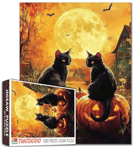 Puzzle mit zwei schwarzen Katzen, die auf Kürbissen sitzen, 1000-teiliges Puzzle für Erwachsene, Studenten, Halloween, Herbst, Landschaft, Mond, Fantasie, Kunst, 50,8 x 68,9 cm, gruselige