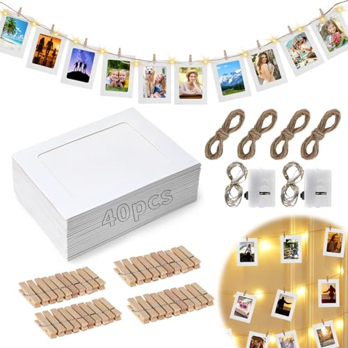 jwogngls 40 STK Fotogirlande 10 x 15 cm, Papier Bilderrahmen weiß 6 Zoll, Fotogirlande Hochzeit, Fotorahmen zum Aufhängen mit 40 Holzklammern, 4 Hanfseil, 2 lichtbänder für Geburtstag Party Wand Deko