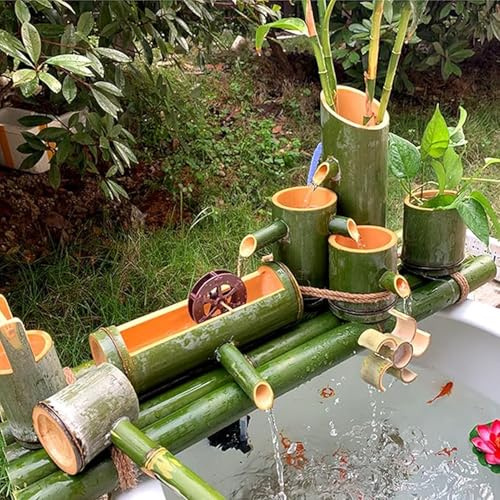 DLAZUM Kit Fontana d'Acqua in bambù Naturale con Pompa, Fontana d'Acqua Zen Indipendente, Decorazione da Giardino, Fontana Circolare con Ruota idraulica, per laghetto, Acquario, cort