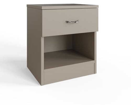 FWStyle Promo 1 Drawer Nightstand – Bedside Table in Putty Finish with Drawer & Open Shelf – Modern Scratch-Resistant Bedroom Furniture with Chrome Handle – Flat Packed for Easy Assembly