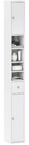 HOMCOM Tall Bathroom Cabinet Slim Storage Drawer 20 x 20 x 178 cm White | Bathroom Storage Cabinet, Adjustable Shelves, Open Compartment