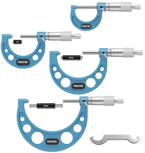 Proster Outside Micrometer - 4 Piece Outside Metric Micrometer 0-25mm 25-50mm 50-75mm 75-100mm with 0.01mm Resolution Carbide-Tipped Anvils Digital Micrometer for DIY, Mechanical, Automotive Repair