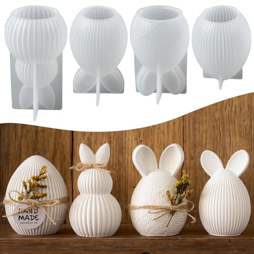 WIKIMO 4 Stück Osterhasen Silikonformen, Osterei-Gießformen für Gips | Gießformen Silikon für Gips, Kerzen, Harz und Beton mit feinen Rillen und Strukturen für Frühlingsdekoration, Tischschmuck