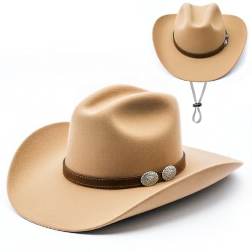 Cowboy Hut aus Filz für Damen & Herren, Westernhut Größe M 57 cm Kopfumfang, Leichter Texanischer Cowboy Hut mit Gürtelschnalle & Breiter Krempe, Hut für Karneval, Festivals, Partys & Sonnenschutz