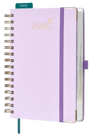 BEZEND Agenda Escolar 2026 2027 Día por Página A5 Espiral - 15,5 x 21 cm | 12 Meses Agenda Diaria de Ago.26 a Jul.27, Dia Vista con Intervalos de 30 minutos, Tapa Dura en Cuero PU - Lila
