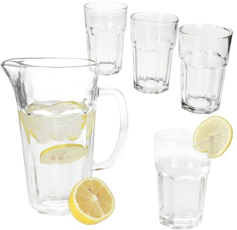 MamboCat MIX 5tlg Set I 1x Glaskrug 1 L mit Henkel & Ausgießer + 4 Trinkgläser 300 ml I Karaffe & Glas-Set für Wasser, Saft, Schorle, Limo & Eistee I Alltag, Garten, Party & Brunch