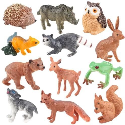 UJBVCX Lot de 12 Figurines d'animaux de la Forêt, Jouets Miniatures Animaux Hibou, Hérisson, Renard, Ecureuil, Ours, Décoration de Gâteau