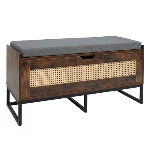 COSTWAY Schuhbank mit gepolsterter Sitzfläche, Rattan Schuhschrank mit Klappdeckel & Sicherheitsbeschlägen, Sitzbank bis zu 200 kg belastbar für Schlafzimmer & Flur, 100 x 35 x 44 cm (Braun)