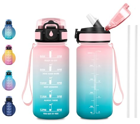 JAPORIA Trinkflasche 500ml Auslaufsicher, Wasserflasche mit Strohhalm, Kohlensäure Geeignet, Sporttrinkflasche mit Zeitmarkierung für Joggen, Picknick