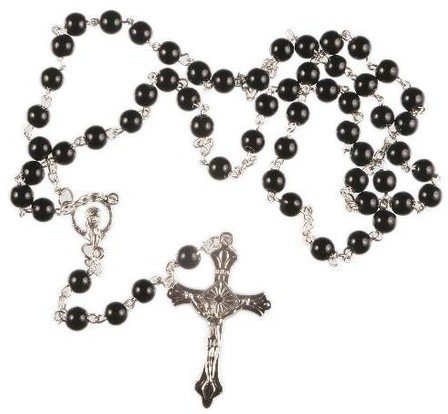 BLACK Glass Rosary Beads Rosaries Silver Metal Crucifix