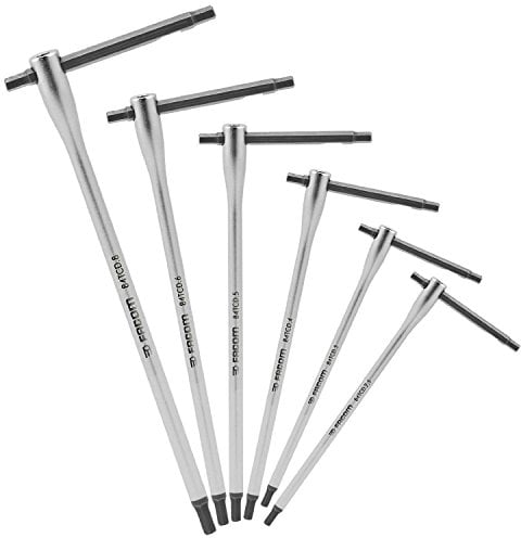 FACOM Juego de 6 Llaves Macho en 'T', Tamaños de 2,5mm a 8mm, Barra Deslizante con Empuñadura, Broca de Seguridad, Acero al Cromo Vanadio, Acabado Cromado y Pulido, 84TCD.J6