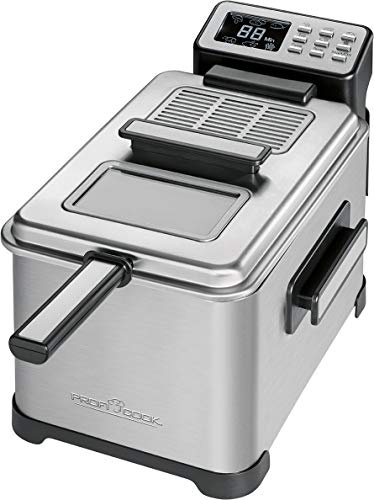 Profi Cook PC-FR 1088 Kaltzonen-Fritteuse, Deckel mit Sichtfenster, LCD-Display 6 elektrisch-regelbare Frittierprogramme, 2500 W, 4 L, schwarz/edelstahl