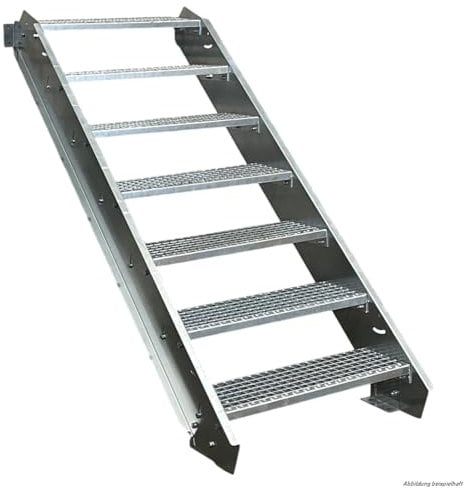 Srm-Design 7 Stufen Edelstahlleiter Breite 80 cm, Höhe 120 cm, Silber, Witterungsbeständig, max. 140 cm, Außentreppe/Wangentreppe/Industrietreppe