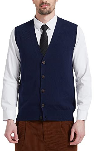 Kallspin Gilet Cardigan da Uomo con Scollo a V e Bottoni in Misto Lana(Blu Navy,M)