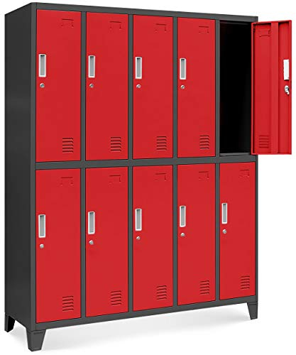 Umkleideschrank 5B2A Spind Spint Schließfachschrank Metallschrank mit 10 Fächern Etikettenhalter Lüftungsschlitze Metall Pulverbeschichtet 172 cm x 136 cm x 45 cm (H x B x T) (Anthrazit-Rot)