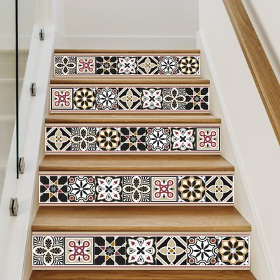 Contremarches à coller carreaux de ciment SHADEBROWN. 4 contremarches escalier 1m. Contremarches décoratives. Autocollant ou PVC