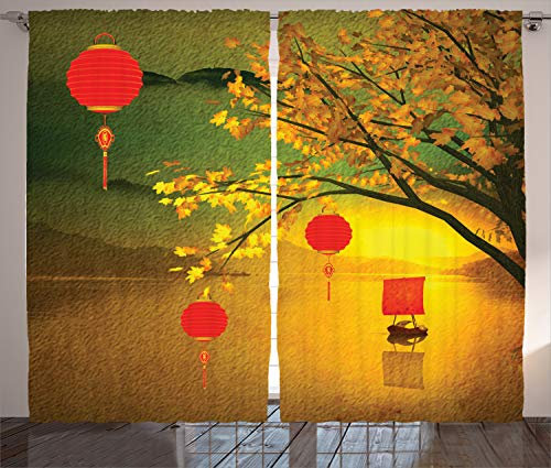ABAKUHAUS Lanterne Rideaux, Chinois Traditionnel, Décoration Intérieure Accent Lot de 2 Panneaux, 280x225, Jaune Pâle De La Terre